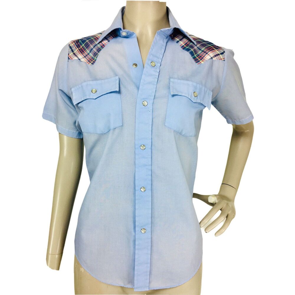 Vintage 50s 60s Rockabilly Western Cowgirl Plaid Shoulders Pearl Snap SS Top